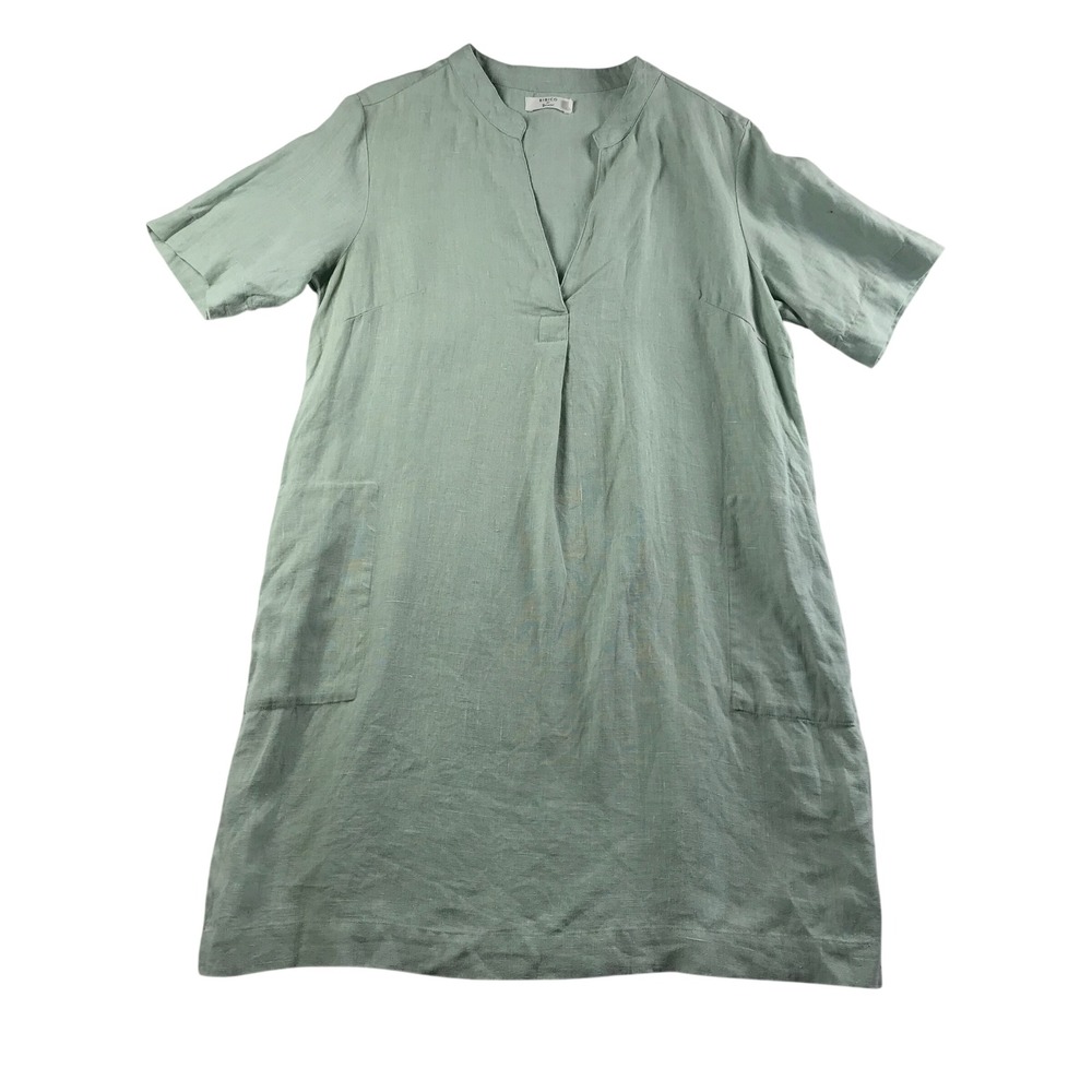 Bibico by Snow Light Green 100% Linen Shift Dress Short Sleeve Pockets Size M